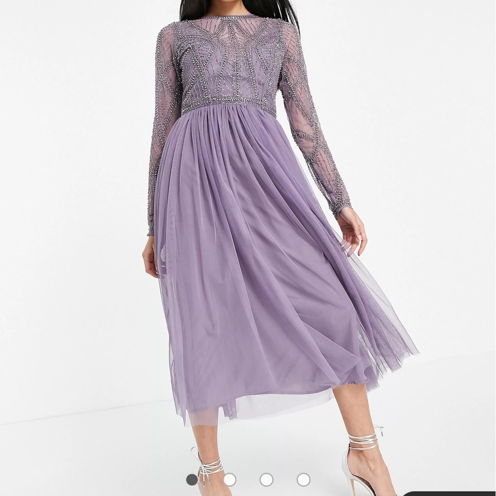 ASOS DESIGN embellished bodice midi dress with tulle skirt in Purple